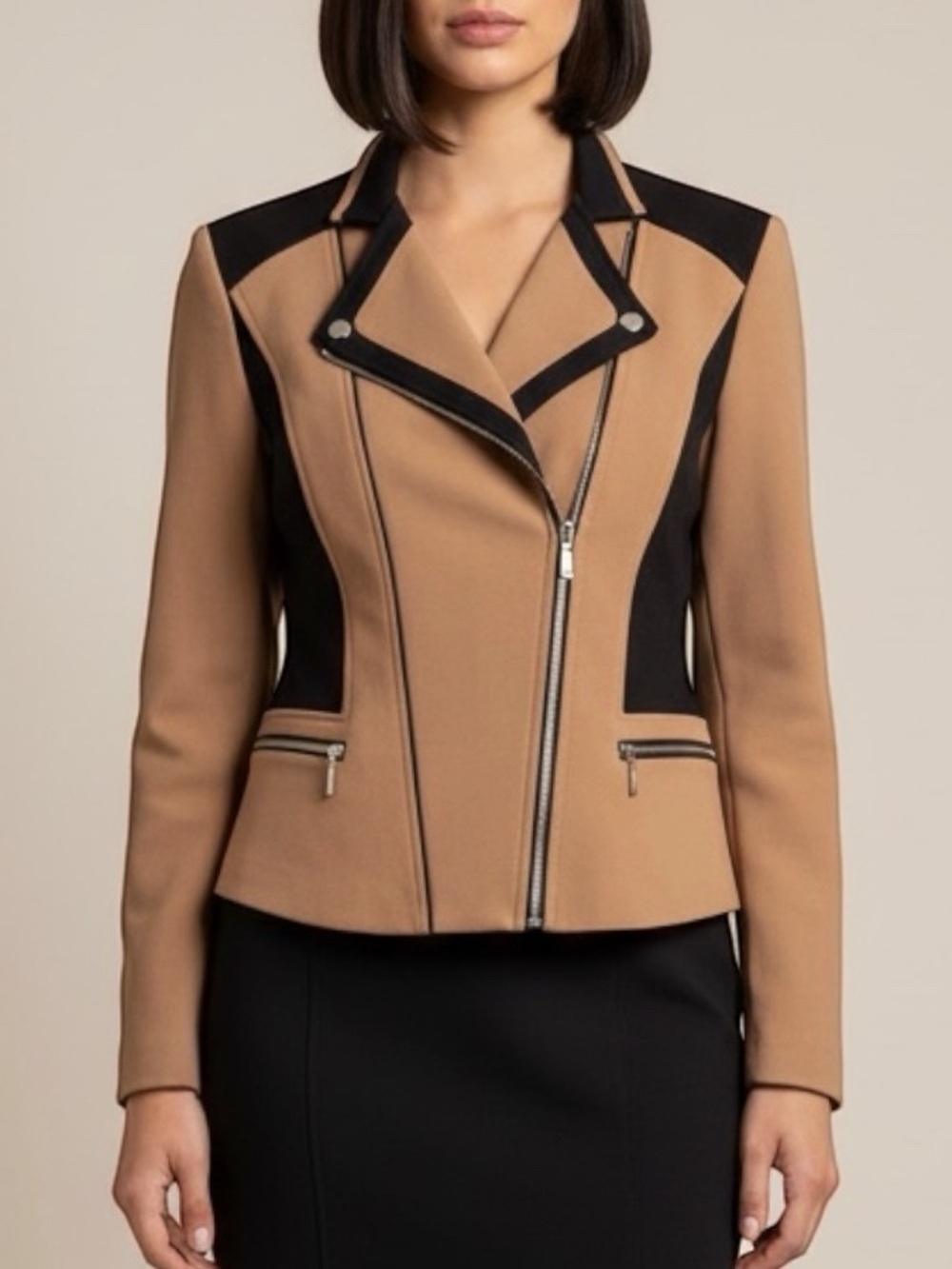 White House Black Market Asymmetric Moto Zip Blazer Jacket Camel / Black Size 4